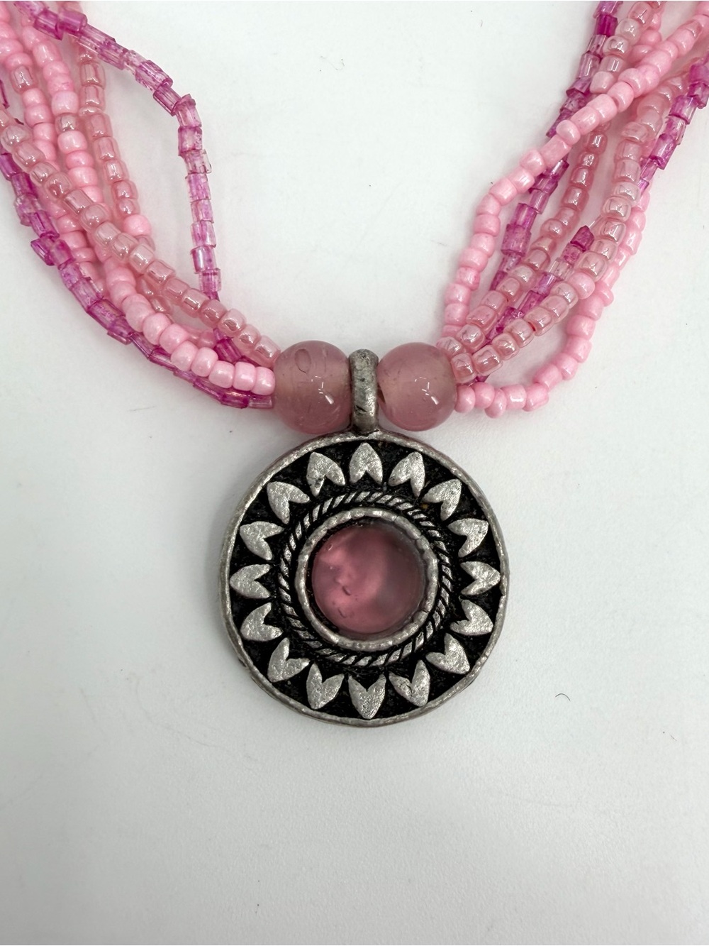 Beaded Necklace Pink Multi Strand Metal Sunburst Pendant Boho Jewelry